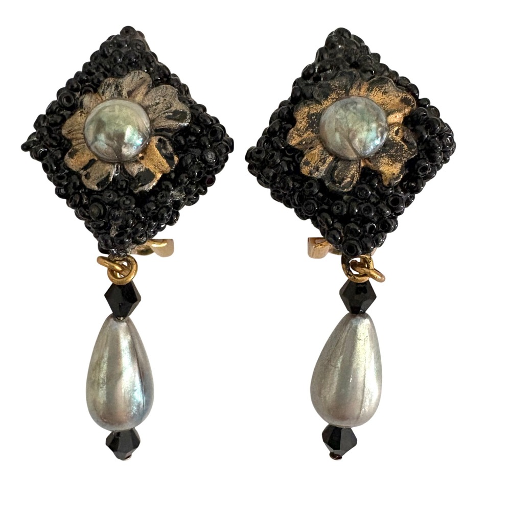 Statement Clip On Earrings Dangle Pearl Black Beaded Floral Gold Tone Vintage